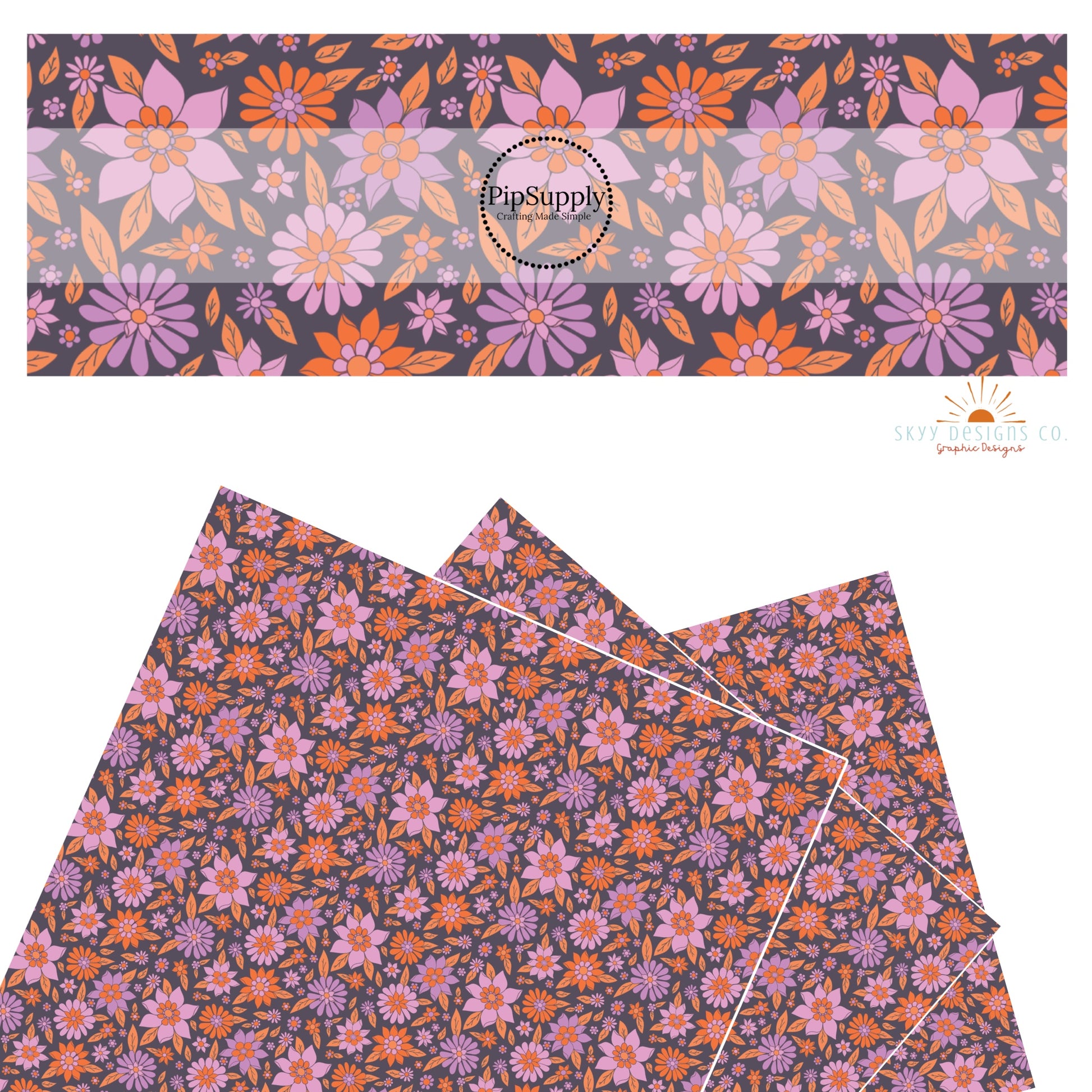 These Halloween floral themed dark purple faux leather sheets contain the following design elements: small and large bright daisies in pink, purple, and orange on dark purple. Our CPSIA compliant faux leather sheets or rolls can be used for all types of crafting projects.