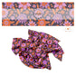 These Halloween floral themed dark purple no sew bow strips can be easily tied and attached to a clip for a finished hair bow. These fun spooky bow strips are great for personal use or to sell. The bow stripes features small and large bright daisies in pink, purple, and orange on dark purple.