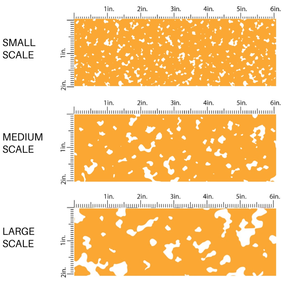 This scale chart of small scale, medium scale, and large scale of this school supply fabric by the yard features classic orange composition pattern. This fun themed fabric can be used for all your sewing and crafting needs!