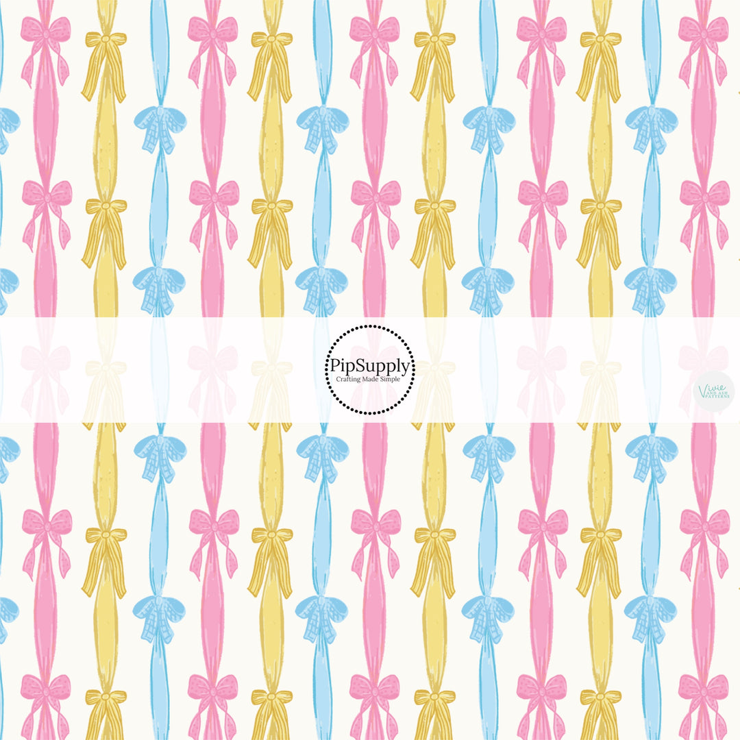 This Easter themed fabric by the yard features colorful Easter bow garland. This fun pattern fabric can be used for all your sewing and crafting needs!