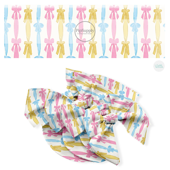 These Easter no sew bow strips can be easily tied and attached to a clip for a finished hair bow. These fun bow strips are great for personal use or to sell. These bow strips feature the following design elements: colorful Easter bow garland.