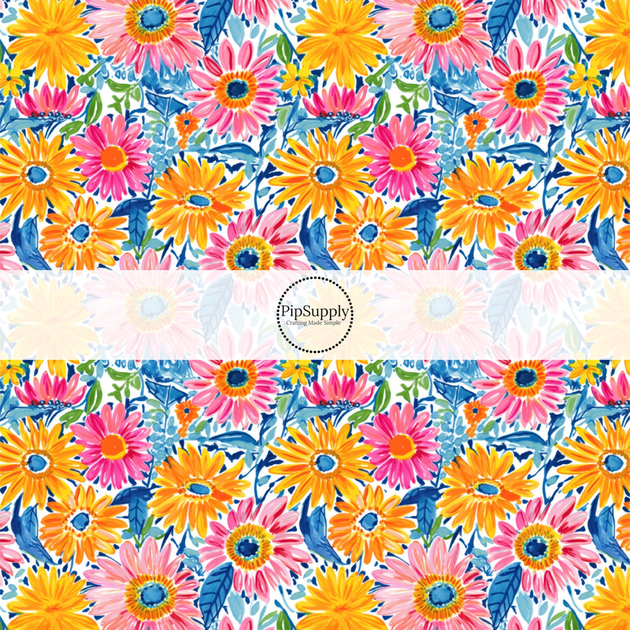 These spring and summer floral fabric by the yard features bright watercolor sunflowers. This fun pattern fabric can be used for all your sewing and crafting needs!