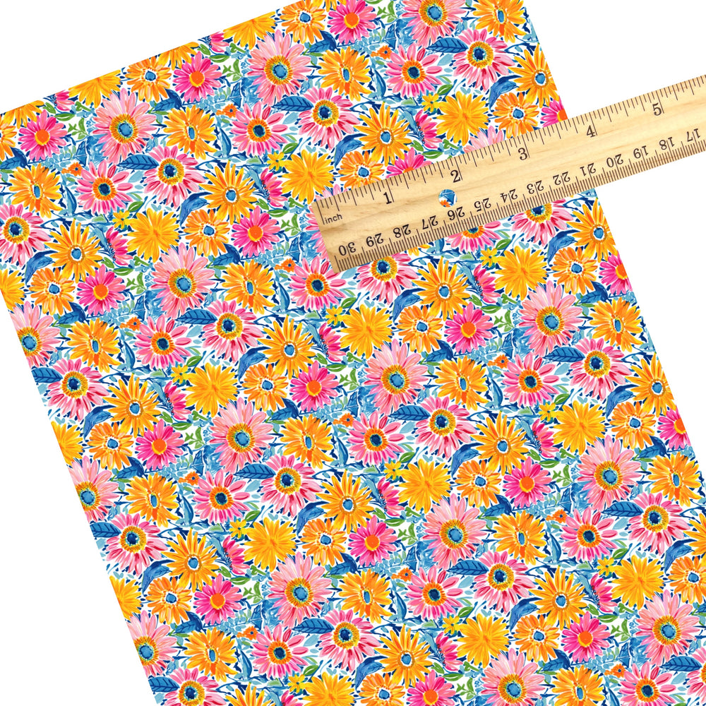 These spring and summer floral faux leather sheets contain the following design elements: bright watercolor sunflowers. Our CPSIA compliant faux leather sheets or rolls can be used for all types of crafting projects.