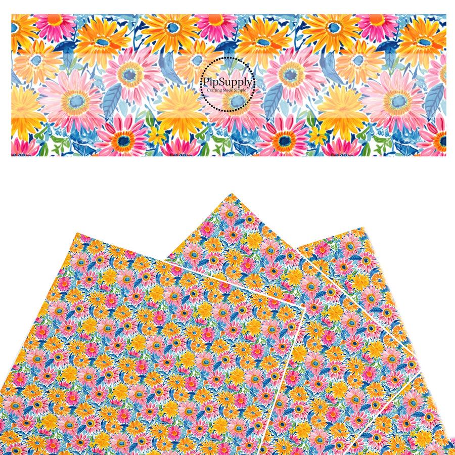 These spring and summer floral faux leather sheets contain the following design elements: bright watercolor sunflowers. Our CPSIA compliant faux leather sheets or rolls can be used for all types of crafting projects.