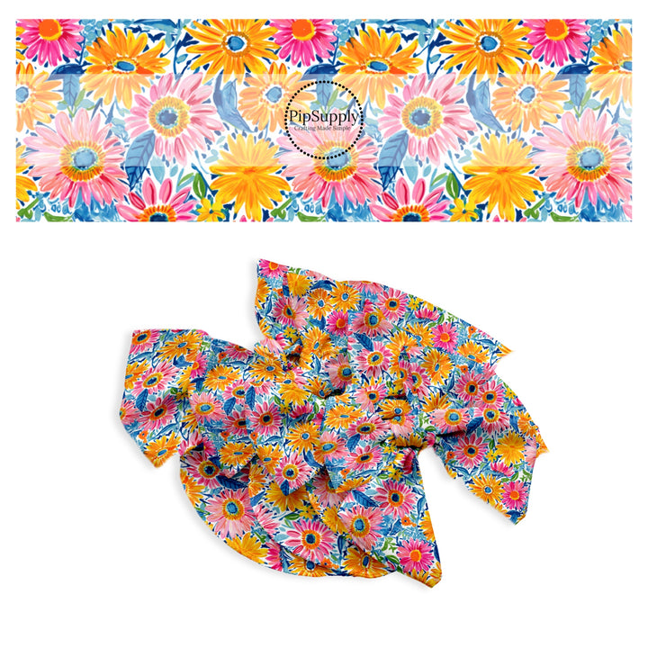 These spring and summer floral no sew bow strips can be easily tied and attached to a clip for a finished hair bow. These bow strips are great for personal use or to sell. These bow strips feature the following design elements: bright watercolor sunflowers.