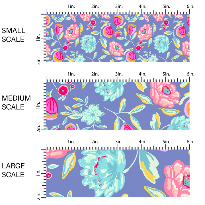 This scale chart has small scale, medium scale, and large scale of these bright colored flowers on purple fabric by the yard features light blue, teal, mint, orange, light pink, hot pink, red, purple, and lavender flowers and leaves.