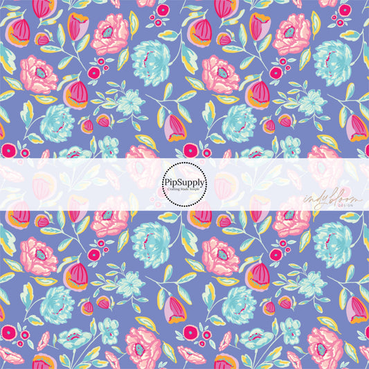 These bright colored flowers on purple fabric by the yard features light blue, teal, mint, orange, light pink, hot pink, red, purple, and lavender flowers and leaves.