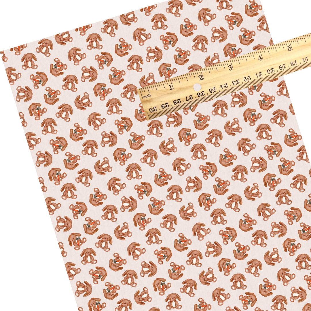 These Easter themed faux leather sheets contain the following design elements: brown bunnies with carrots. Our CPSIA compliant faux leather sheets or rolls can be used for all types of crafting projects.