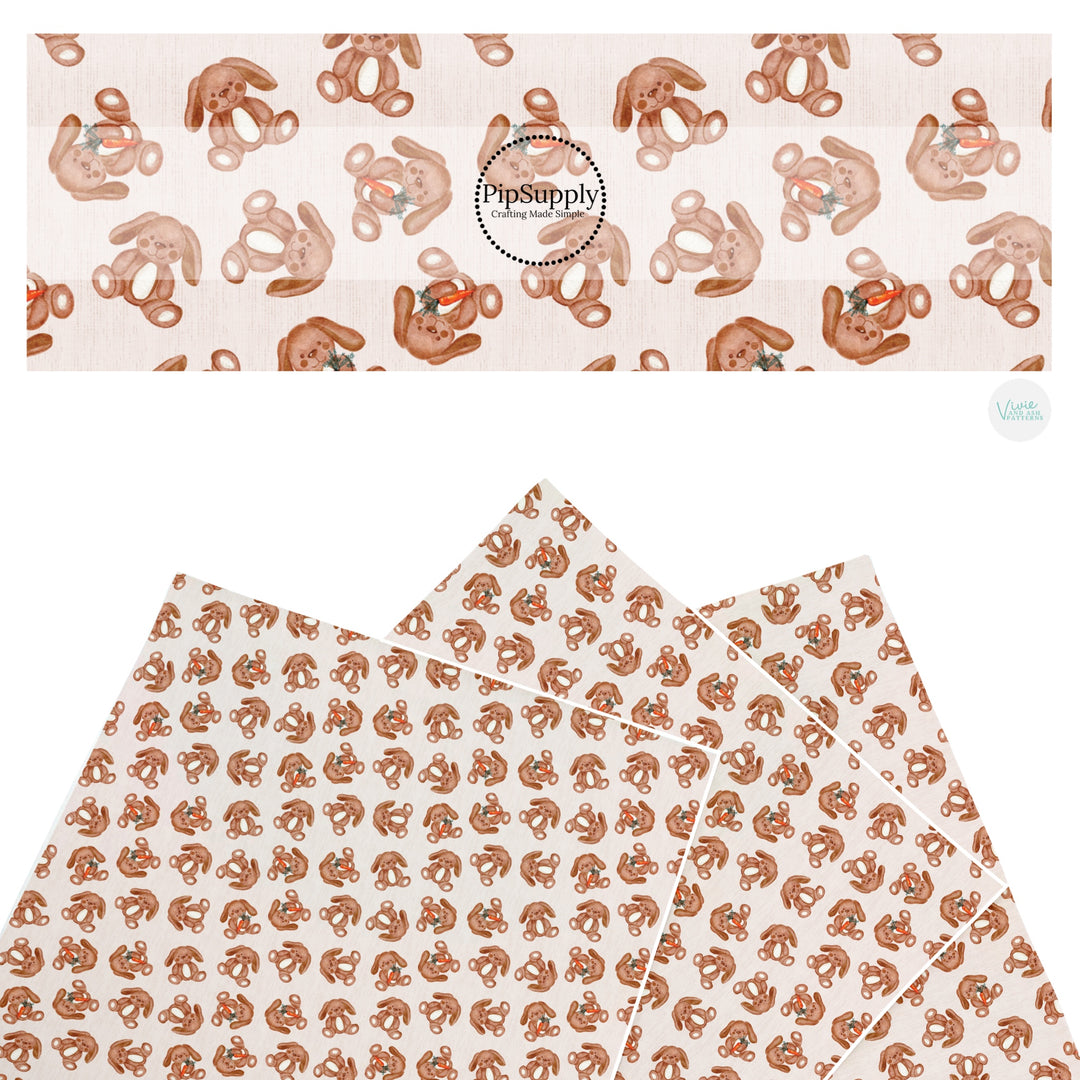 These Easter themed faux leather sheets contain the following design elements: brown bunnies with carrots. Our CPSIA compliant faux leather sheets or rolls can be used for all types of crafting projects.