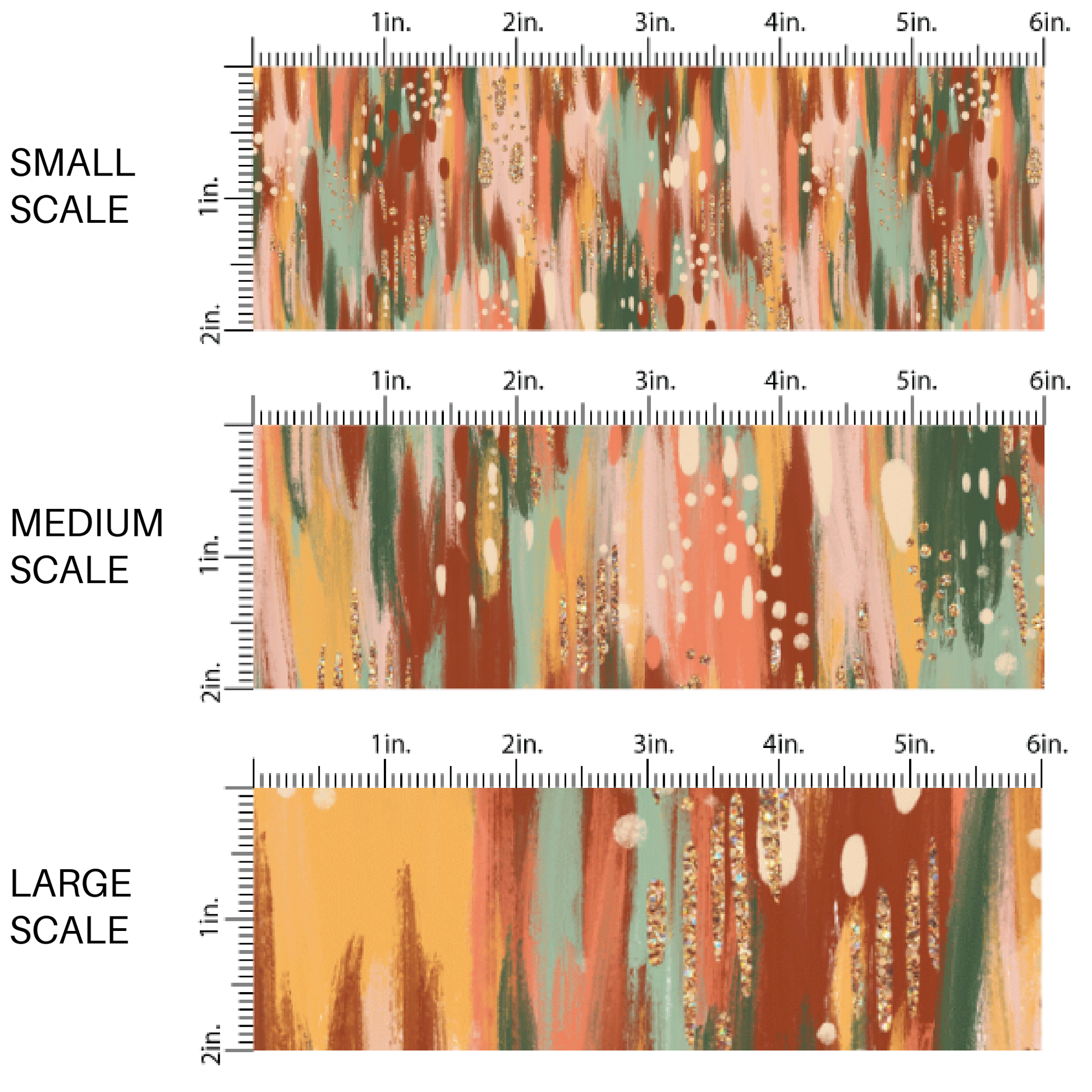 This scale chart of small scale, medium scale, and large scale of these fall airbrush themed neutral fabric by the yard features splatters in brown, cream, orange, peach, light pink, mint, and dark green along with tiny cream and gold dots. This fun fall themed fabric can be used for all your sewing and crafting needs! 