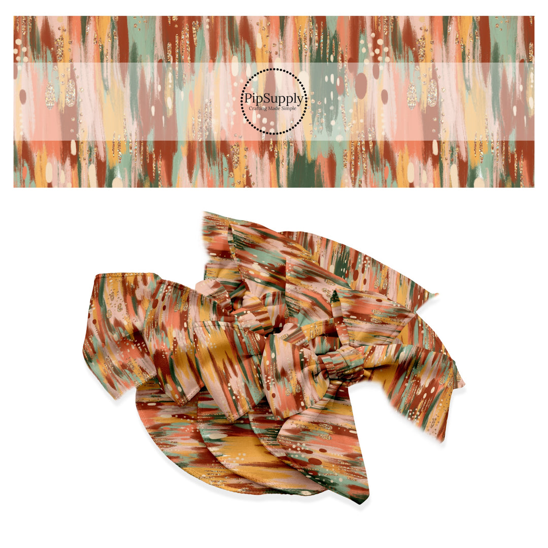 These fall airbrush themed neutral no sew bow strips can be easily tied and attached to a clip for a finished hair bow. These fun fall bow strips are great for personal use or to sell. The bow strips features splatters in brown, cream, orange, peach, light pink, mint, and dark green along with tiny cream and gold dots. 