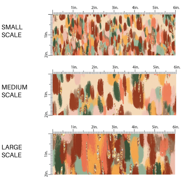 This scale chart of small scale, medium scale, and large scale of these fall dot themed neutral fabric by the yard features small splatter dots in brown, cream, orange, peach, light pink, mint, and dark green along with tiny cream and gold dots. This fun fall themed fabric can be used for all your sewing and crafting needs! 