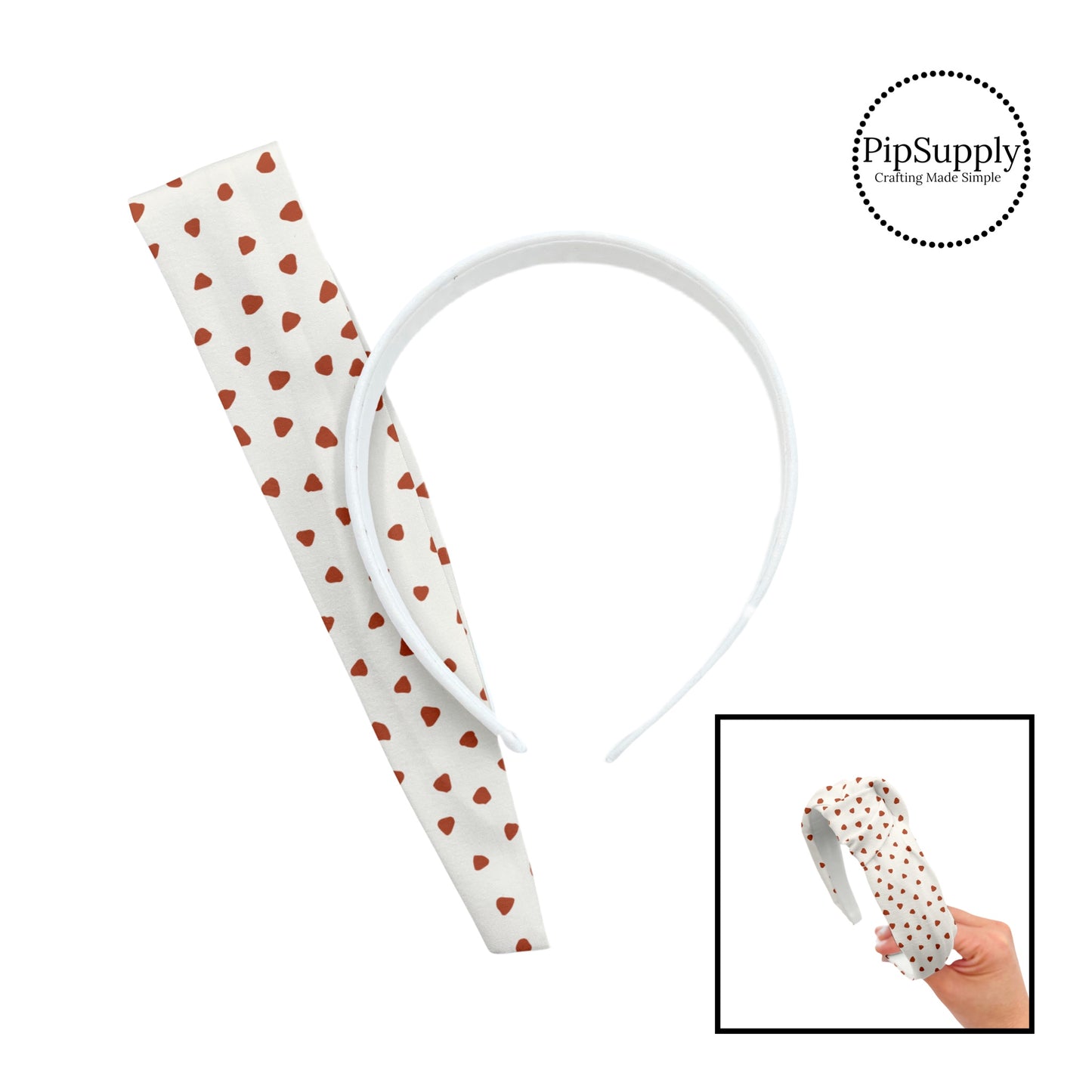 These speckled themed headband kits are easy to assemble and come with everything you need to make your own knotted headband. These kits include a custom printed and sewn fabric strip and a coordinating velvet or ribbed headband. The headband kits features small brown speckled dots on ivory.