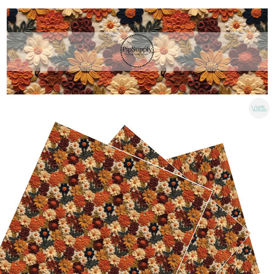 Orange, brown, cream, and yellow flowers faux leather sheets