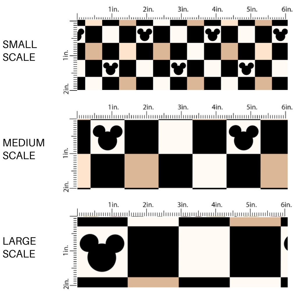 This scale chart of small scale, medium scale, and large scale of this magical inspired fabric by the yard features the following design: black, nude and cream checker pattern with mouse ears. This fun themed fabric can be used for all your sewing and crafting needs!