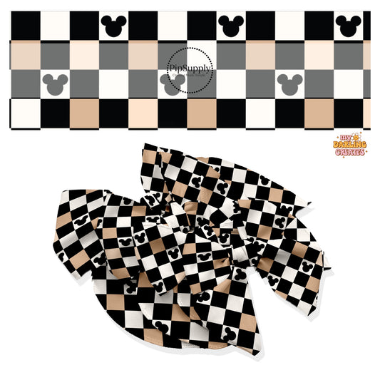 These magical inspired themed no sew bow strips can be easily tied and attached to a clip for a finished hair bow. These fun themed patterned bow strips are great for personal use or to sell. These bow strips feature the following black, nude and cream checker pattern with mouse ears.