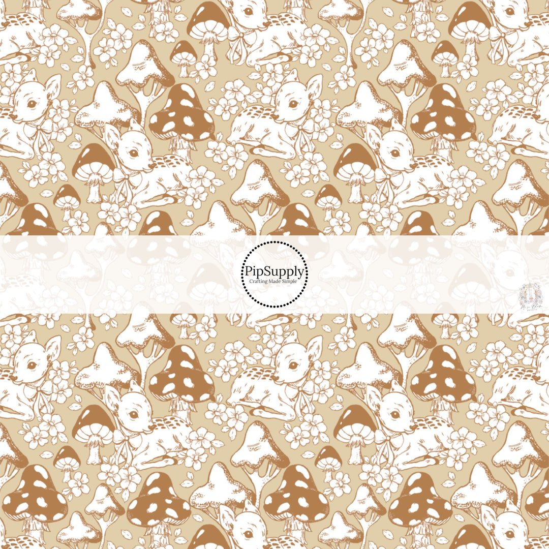 This spring floral fabric by the yard features woodland deer on brown. This seasonal pattern fabric can be used for all your sewing and crafting needs!