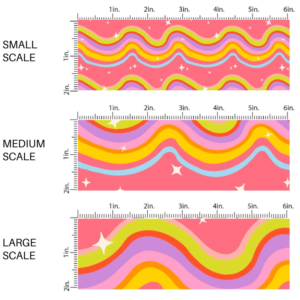 This scale chart of small scale, medium scale, and large scale of these school themed fabric by the yard features bright colorful waves and tiny stars on pink. This fun themed fabric can be used for all your sewing and crafting needs!