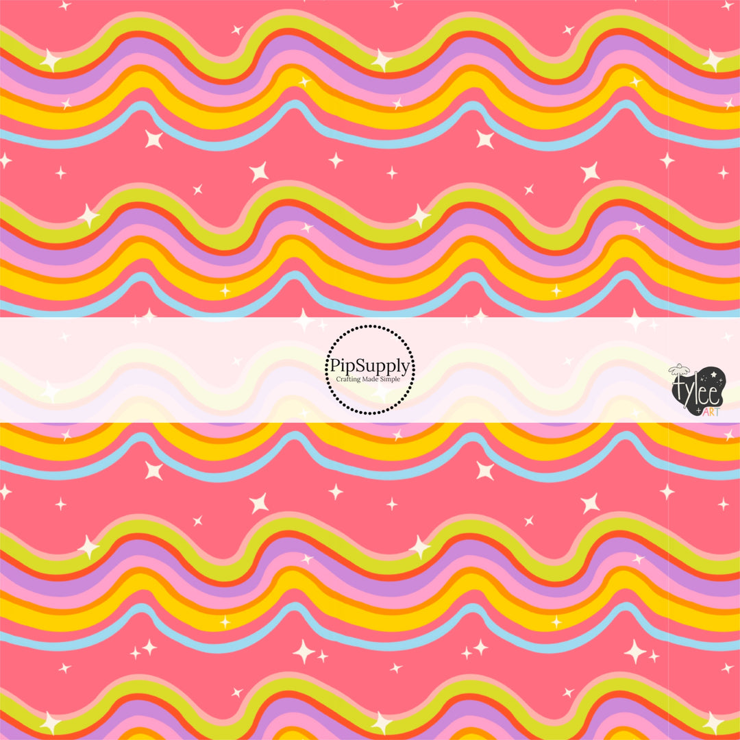 These school themed fabric by the yard features bright colorful waves and tiny stars on pink. This fun themed fabric can be used for all your sewing and crafting needs!