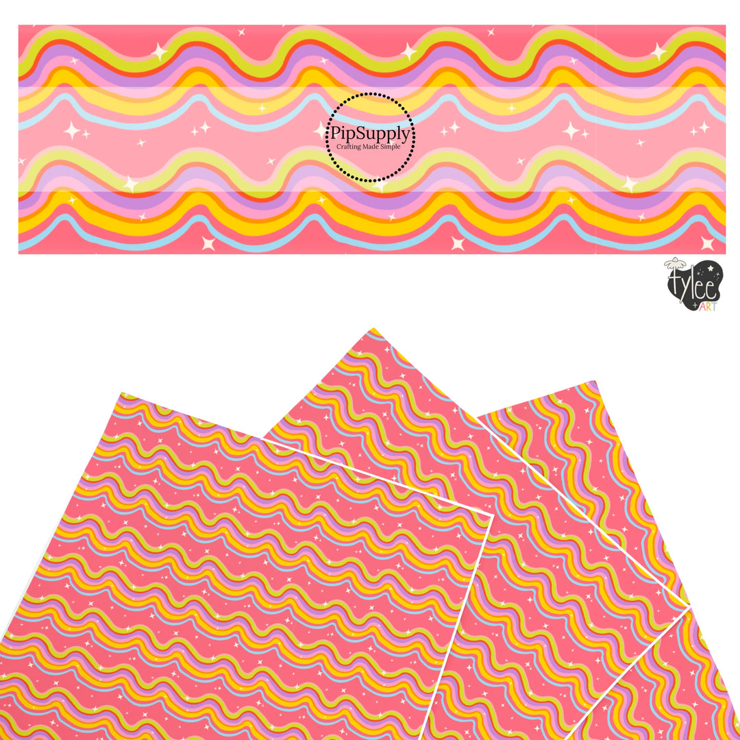 These school themed faux leather sheets contain the following design elements: bright colorful waves and tiny stars on pink. Our CPSIA compliant faux leather sheets or rolls can be used for all types of crafting projects.