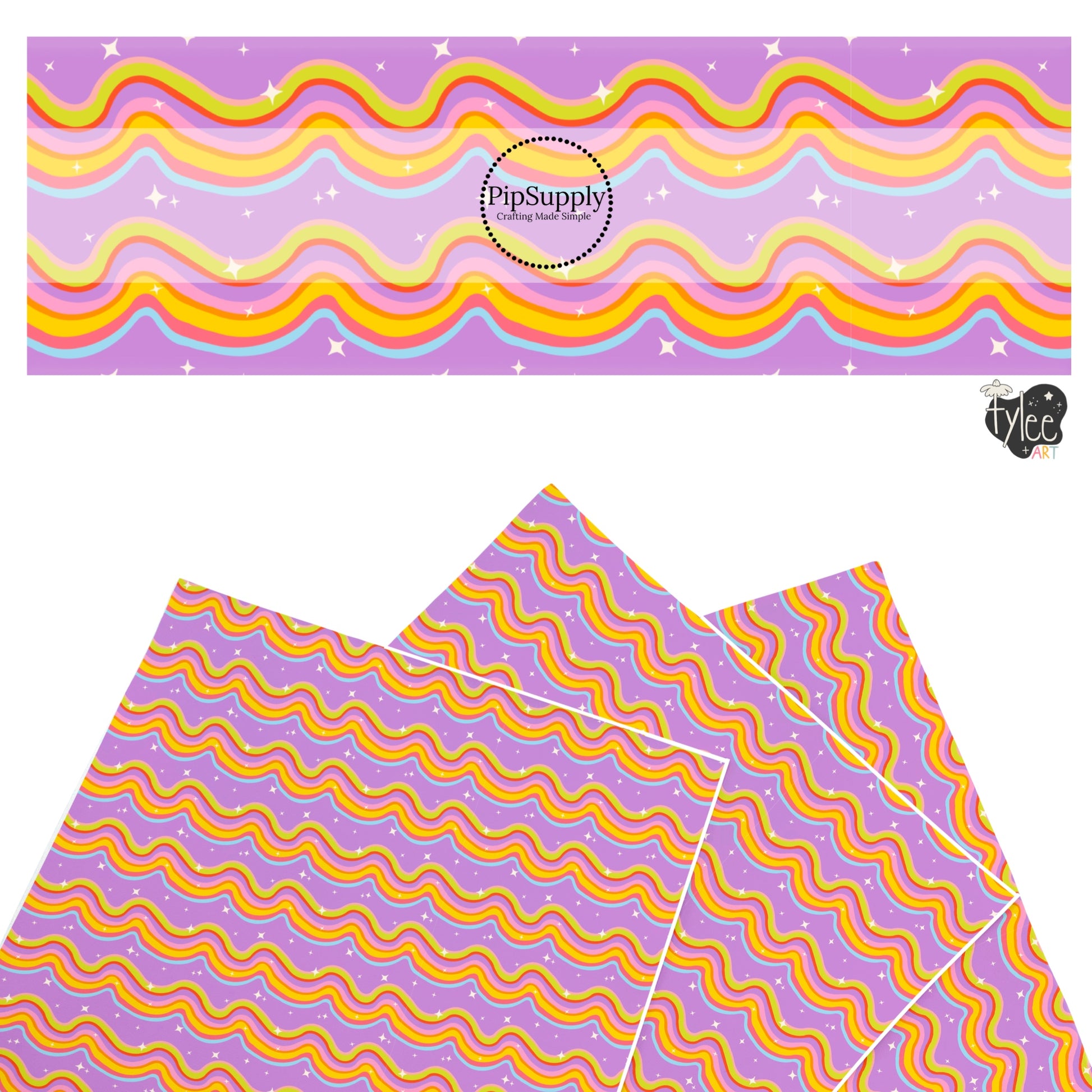 These school themed faux leather sheets contain the following design elements: bright colorful waves and tiny stars on purple. Our CPSIA compliant faux leather sheets or rolls can be used for all types of crafting projects.