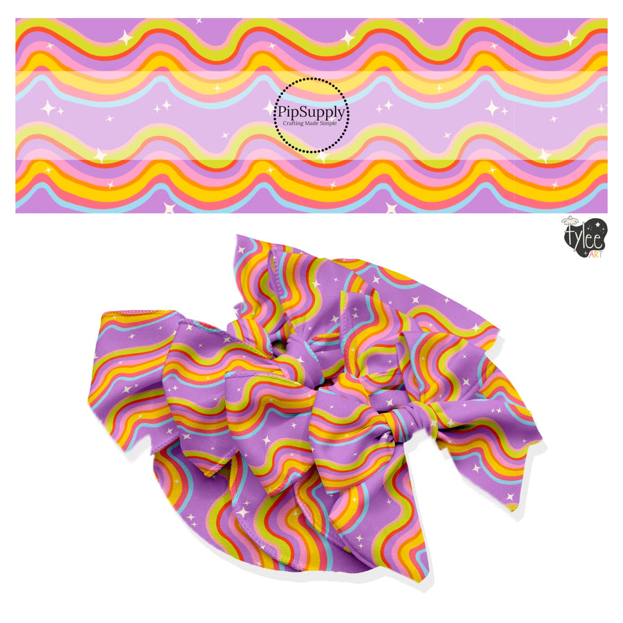 These school themed no sew bow strips can be easily tied and attached to a clip for a finished hair bow. These fun patterned bow strips are great for personal use or to sell. These bow strips feature bright colorful waves and tiny starts on purple.