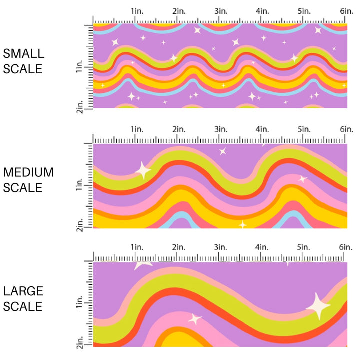 This scale chart of small scale, medium scale, and large scale of these school themed fabric by the yard features bright colorful waves and tiny stars on purple. This fun themed fabric can be used for all your sewing and crafting needs!