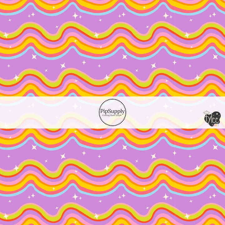 These school themed fabric by the yard features bright colorful waves and tiny stars on purple. This fun themed fabric can be used for all your sewing and crafting needs!