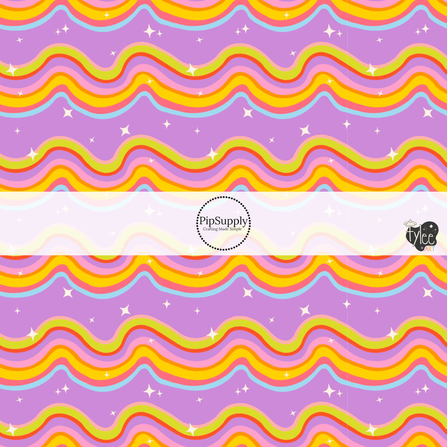 These school themed fabric by the yard features bright colorful waves and tiny stars on purple. This fun themed fabric can be used for all your sewing and crafting needs!