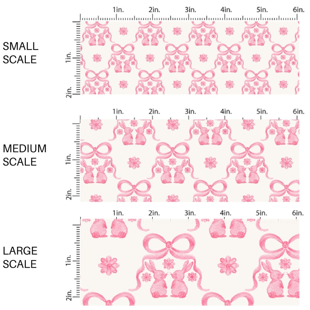 This Easter themed fabric by the yard features pink bows, bunnies, and flowers. This fun pattern fabric can be used for all your sewing and crafting needs!