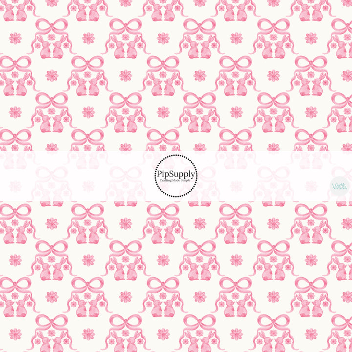 This Easter themed fabric by the yard features pink bows, bunnies, and flowers. This fun pattern fabric can be used for all your sewing and crafting needs!