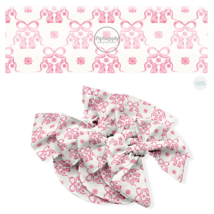 These Easter no sew bow strips can be easily tied and attached to a clip for a finished hair bow. These fun bow strips are great for personal use or to sell. These bow strips feature the following design elements: pink bows, bunnies, and flowers.