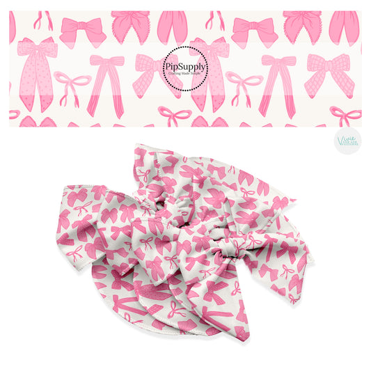 These spring bows themed no sew bow strips can be easily tied and attached to a clip for a finished hair bow. These patterned bow strips are great for personal use or to sell. These bow strips features bubble pink multi ribbon bows.