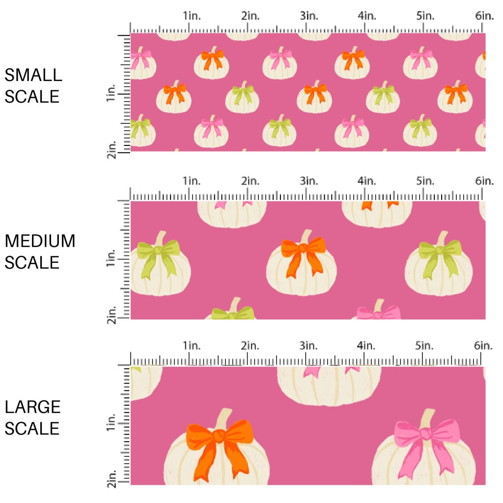 This scale chart of these Halloween themed pattern fabric by the yard features the following design elements: white pumpkins with bows on pink. This fun themed fabric can be used for all your sewing and crafting needs!