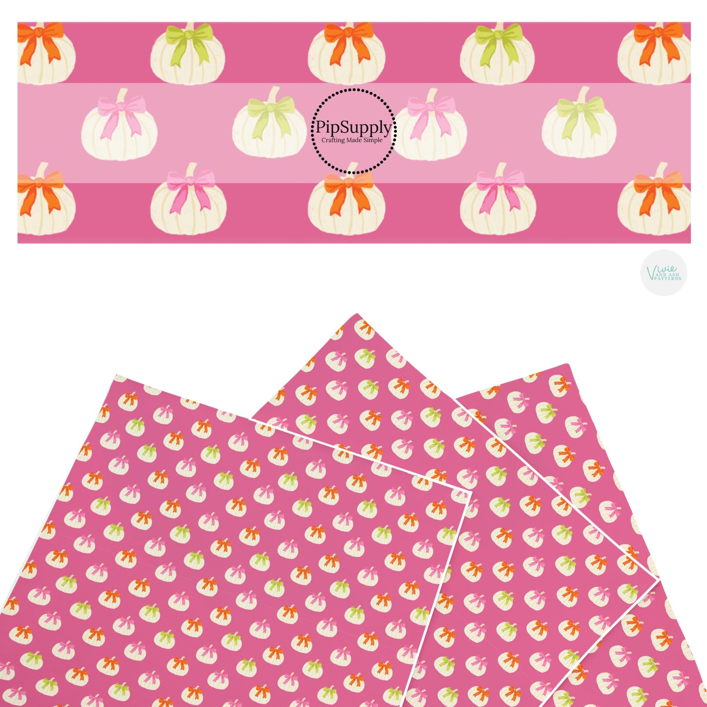 These Halloween themed pattern faux leather sheets contain the following design elements: white pumpkins with bows on pink. Our CPSIA compliant faux leather sheets or rolls can be used for all types of crafting projects.