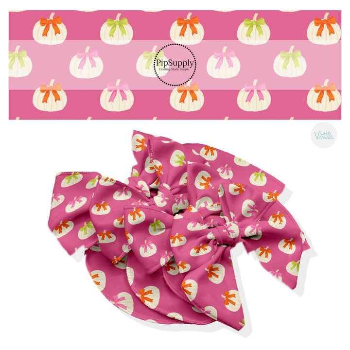 These Halloween themed no sew bow strips can be easily tied and attached to a clip for a finished hair bow. These fun patterned bow strips are great for personal use or to sell. These bow strips feature the following design elements: white pumpkins with bows on pink.