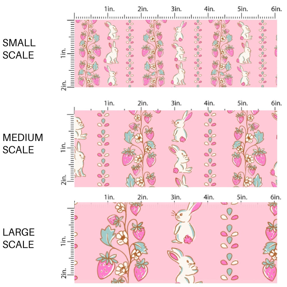 This Easter themed fabric by the yard features white bunnies and strawberries on pink. This fun pattern fabric can be used for all your sewing and crafting needs!