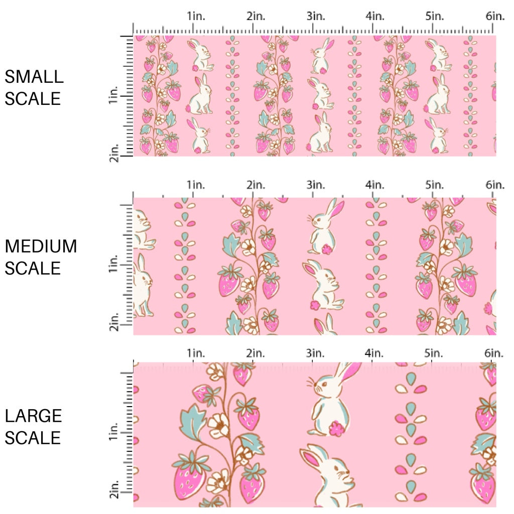 This Easter themed fabric by the yard features white bunnies and strawberries on pink. This fun pattern fabric can be used for all your sewing and crafting needs!