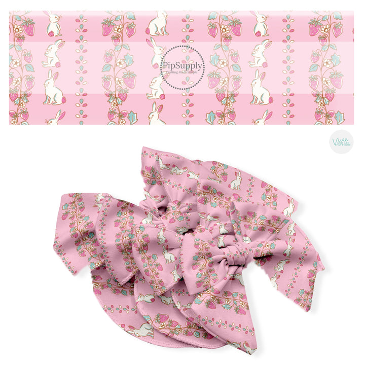 These Easter no sew bow strips can be easily tied and attached to a clip for a finished hair bow. These fun bow strips are great for personal use or to sell. These bow strips feature the following design elements: white bunnies and strawberries on pink.