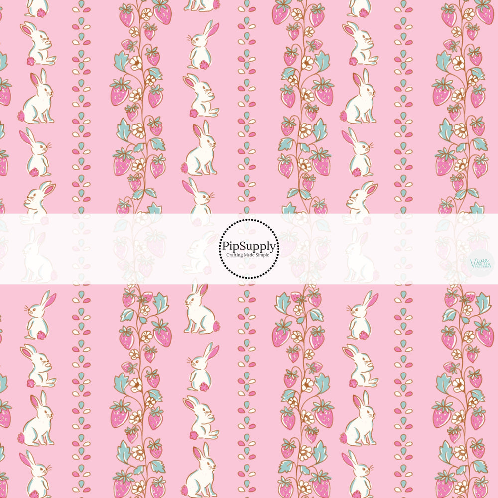 These Easter no sew bow strips can be easily tied and attached to a clip for a finished hair bow. These fun bow strips are great for personal use or to sell. These bow strips feature the following design elements: white bunnies and strawberries on pink.