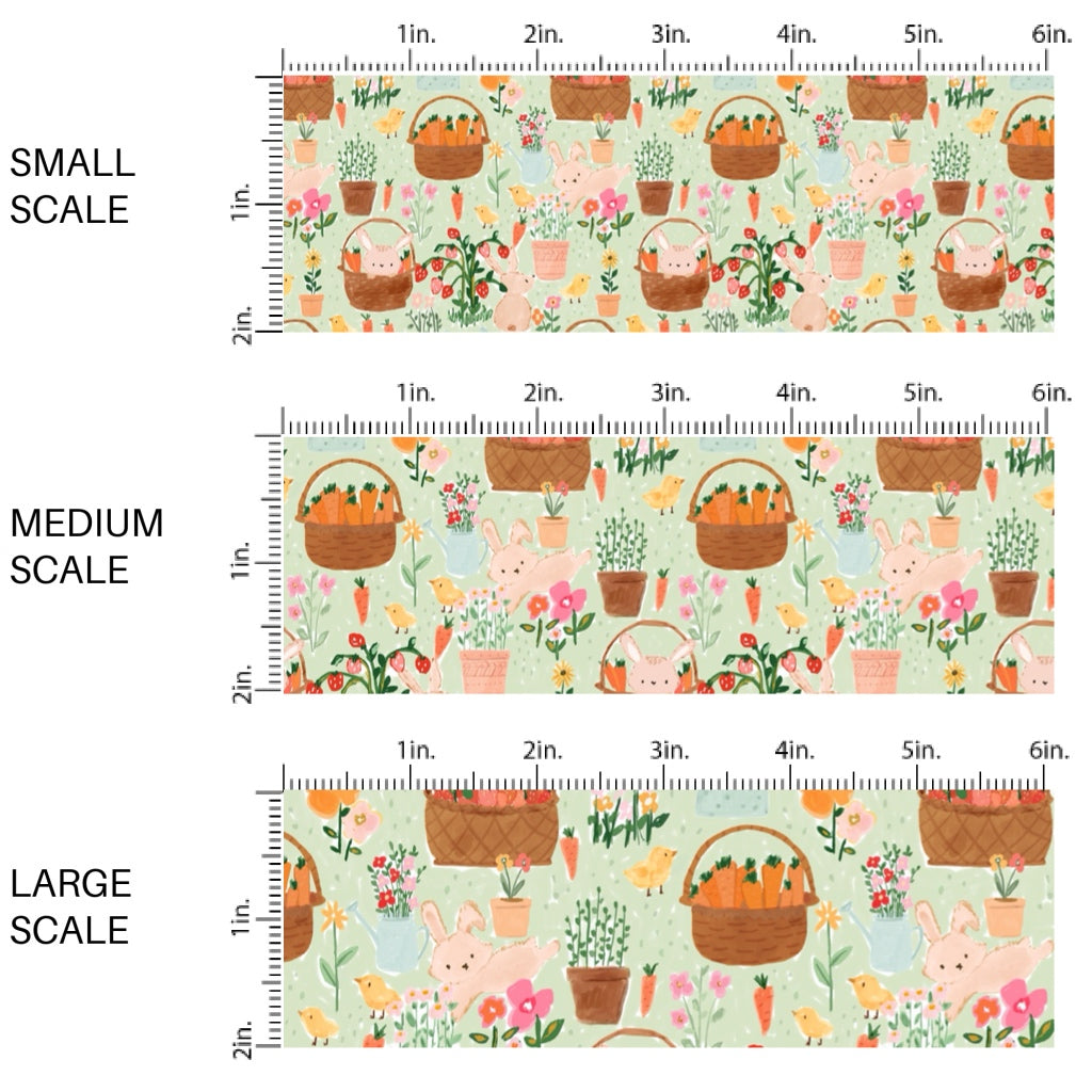 This spring themed fabric by the yard features Easter baskets with bunnies, carrots, and flowers on light green. This fun pattern fabric can be used for all your sewing and crafting needs!