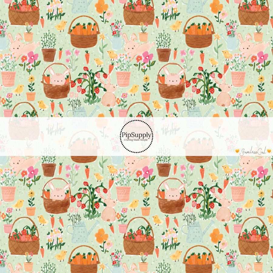 This spring themed fabric by the yard features Easter baskets with bunnies, carrots, and flowers on light green. This fun pattern fabric can be used for all your sewing and crafting needs!