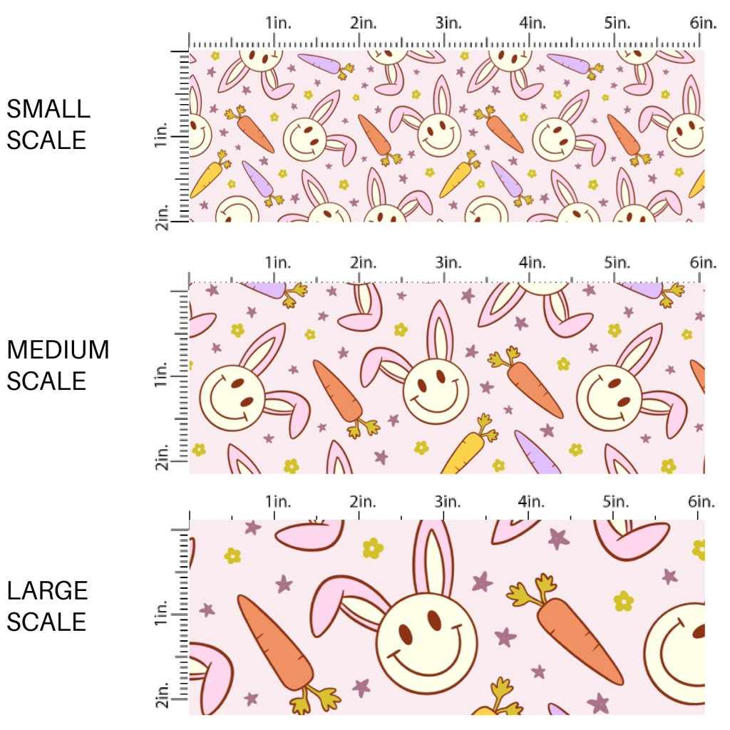 This Easter themed fabric by the yard features colorful carrots and smiling bunnies. This fun pattern fabric can be used for all your sewing and crafting needs!