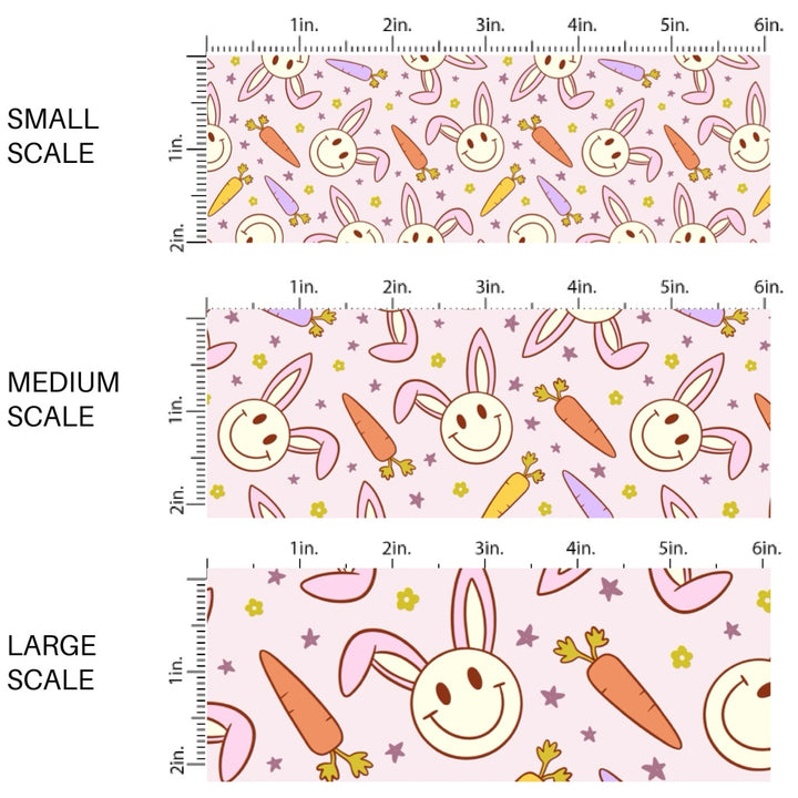 This Easter themed fabric by the yard features colorful carrots and smiling bunnies. This fun pattern fabric can be used for all your sewing and crafting needs!