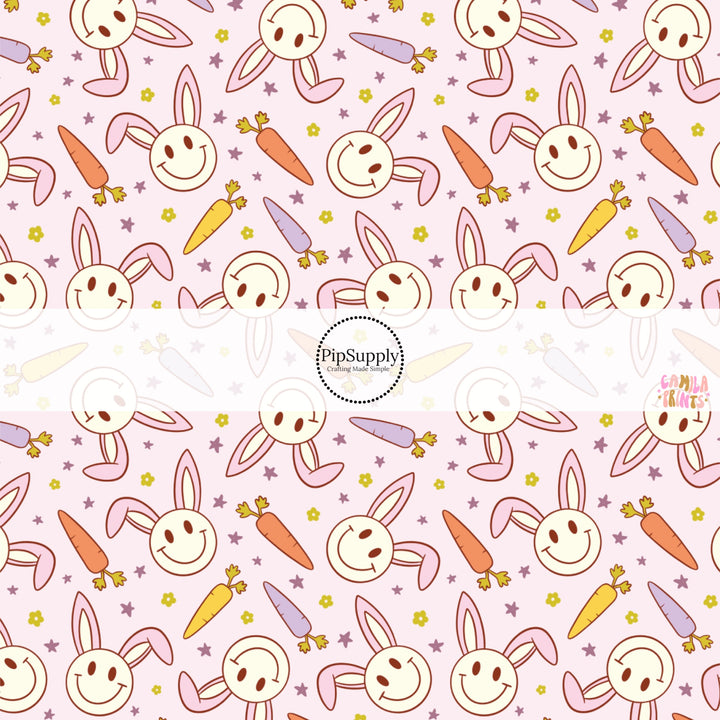 This Easter themed fabric by the yard features colorful carrots and smiling bunnies. This fun pattern fabric can be used for all your sewing and crafting needs!