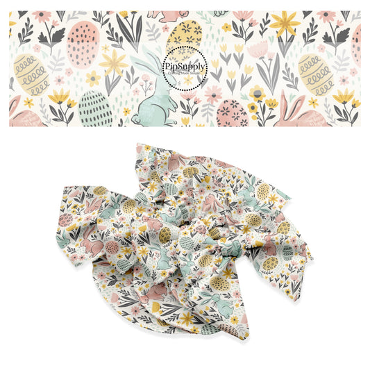 These spring pattern themed no sew bow strips can be easily tied and attached to a clip for a finished hair bow. These patterned bow strips are great for personal use or to sell. These bow strips features light pink and light blue bunnies surrounded by Easter eggs and tiny pastel flowers. 