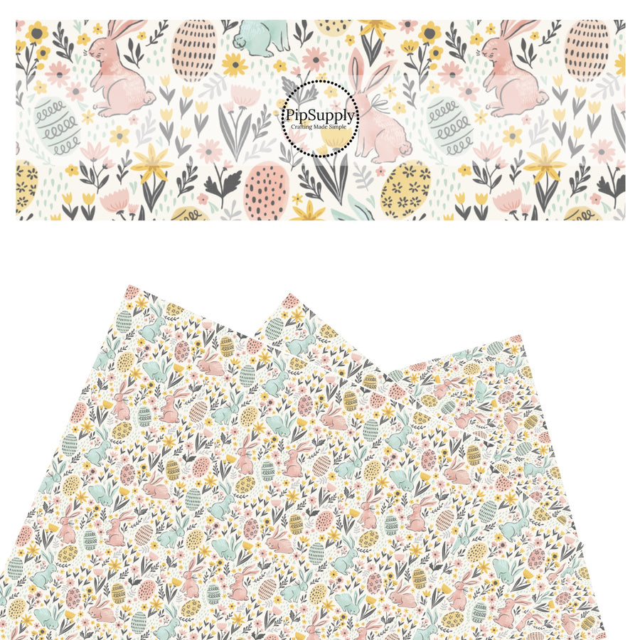 These spring pattern themed faux leather sheets contain the following design elements: light pink and light blue bunnies surrounded by Easter eggs and tiny pastel flowers. Our CPSIA compliant faux leather sheets or rolls can be used for all types of crafting projects.