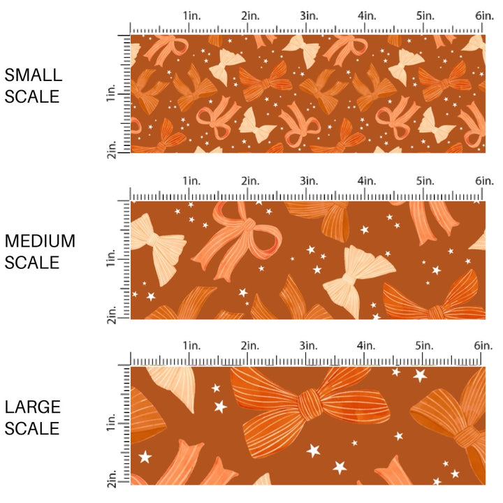 These autumn themed pattern fabric by the yard features the following design elements: colorful fall bows on orange. This fun themed fabric can be used for all your sewing and crafting needs!