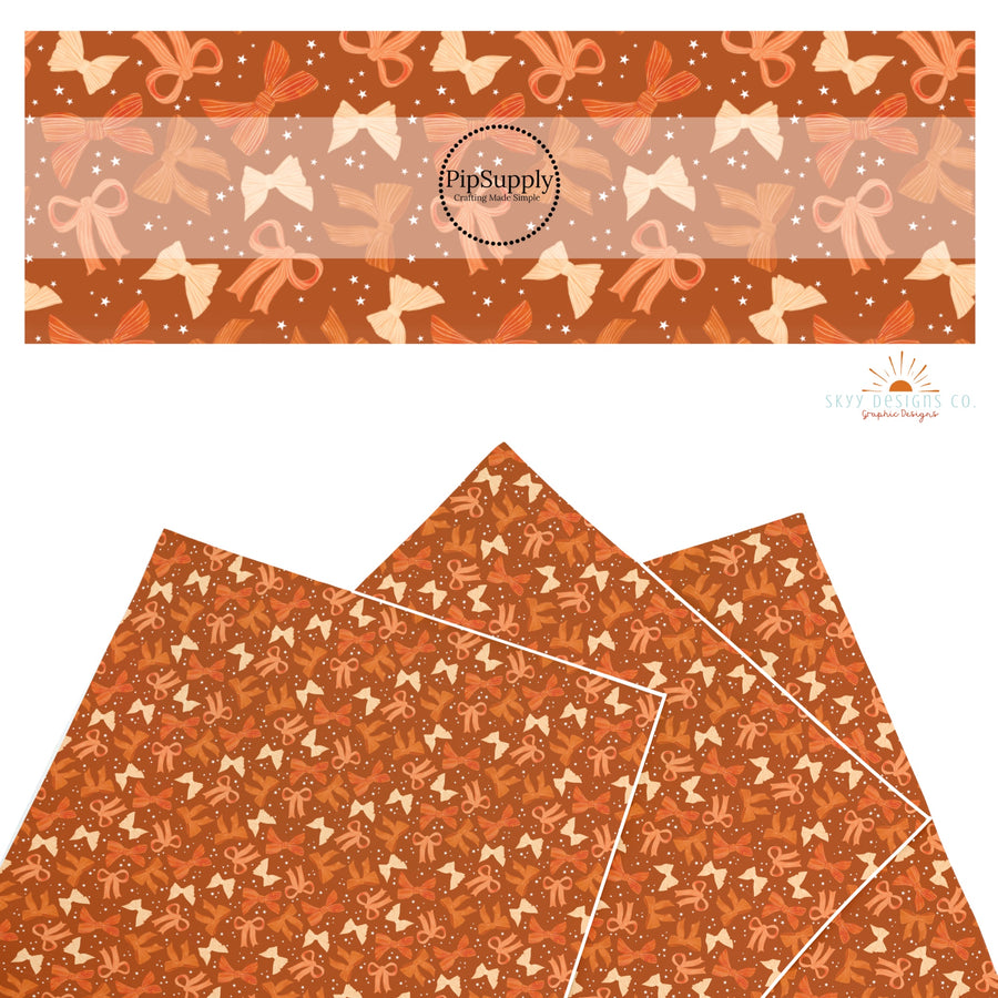 These autumn themed pattern faux leather sheets contain the following design elements: colorful fall bows on orange. Our CPSIA compliant faux leather sheets or rolls can be used for all types of crafting projects.