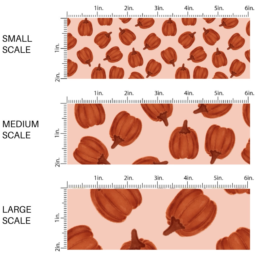 These autumn themed pattern fabric by the yard features the following design elements: burnt orange pumpkins. This fun themed fabric can be used for all your sewing and crafting needs!